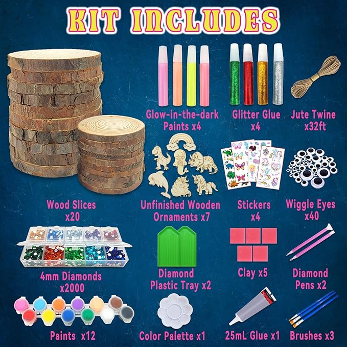 klmars Kids Wooden Painting Kit-Glow in The Dark-Arts & Crafts Gifts for Boys Girls Ages 6-12-Wood Slice Craft Activities Kits - Creative Art Toys for Birthday Party Favors Prizes(20Pcs)