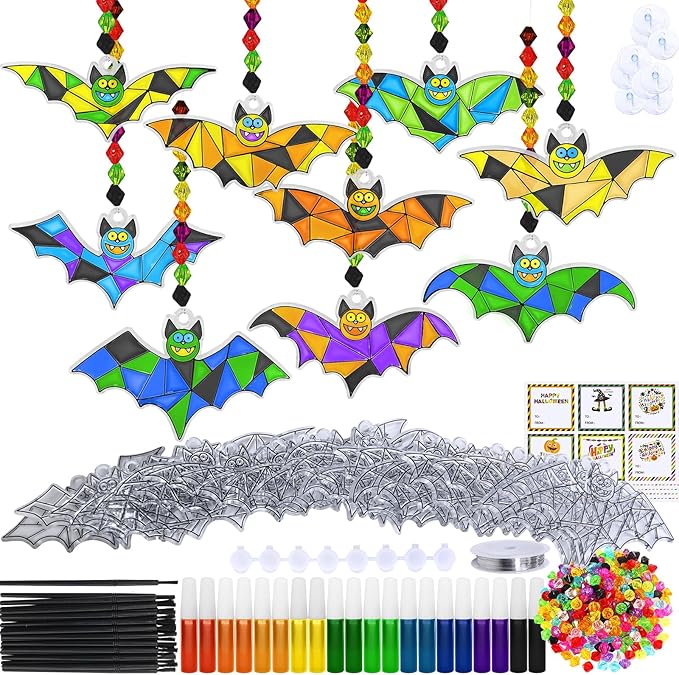 Winlyn 27 Sets Halloween Bat Suncatchers Ornaments Decorations DIY Window Paint Art Suncatchers Halloween Craft Kits Suncatchers Painting Kits for Kids Fall Halloween Classroom Activities Art Projects
