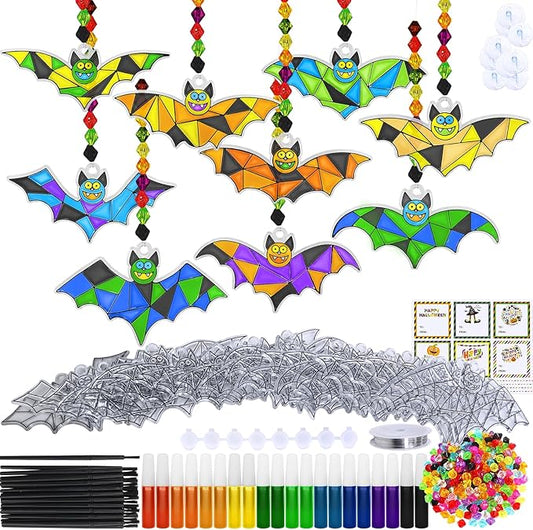 Winlyn 27 Sets Halloween Bat Suncatchers Ornaments Decorations DIY Window Paint Art Suncatchers Halloween Craft Kits Suncatchers Painting Kits for Kids Fall Halloween Classroom Activities Art Projects