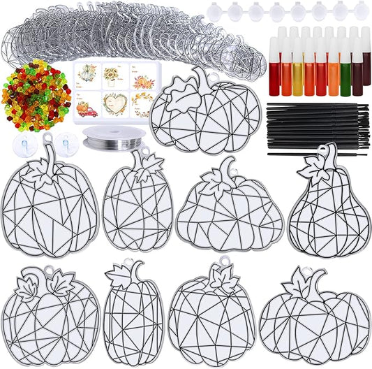 Winlyn 27 Sets Pumpkin Suncatchers DIY Window Paint Art Suncatchers Fall Pumpkin Craft Kits Autumn Pumpkin Sun Catchers for Kids Classroom Halloween Thanksgiving Art Activities