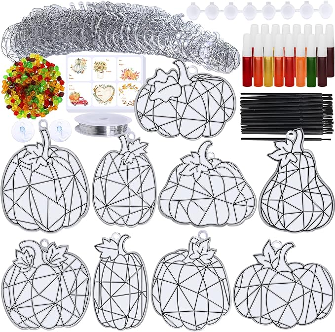 Winlyn 27 Sets Pumpkin Suncatchers DIY Window Paint Art Suncatchers Fall Pumpkin Craft Kits Autumn Pumpkin Sun Catchers for Kids Classroom Halloween Thanksgiving Art Activities