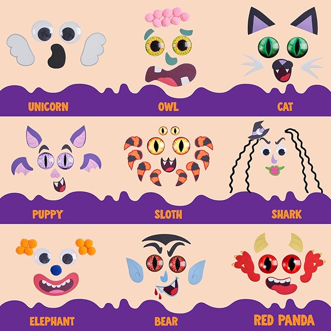 Klever Kits Halloween Pumpkin Painting Decorating Kit for Kids, Art and Craft Party Favors, Halloween Party Games Classroom Activities, DIY Coloring Set with 9 Characters Designs and Realistic Eyes