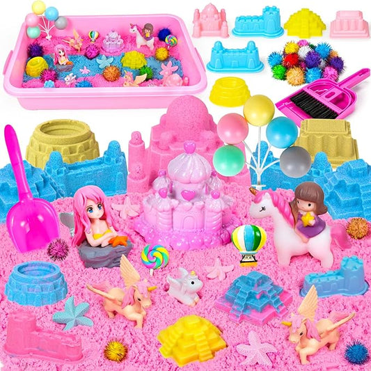 Unicorn Sensory Bin, 47Pcs Sandbox Play Sand Set Sensory Bins for Kids Toddlers Sensory Toys with Magic Sand, Unicorns, Castle Moulds, Mermaid, Tools, Sand Art Kit for Girls Ages 3 4 5 6 7 8 Gift
