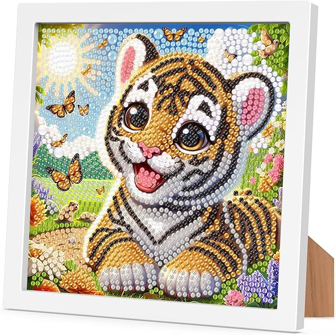 Tiger Diamond Art Painting Kits with Frame- Animal Gem Painting Kit with Frame, Cute Diamond Painting for Wall Decoration 7X7 Inch