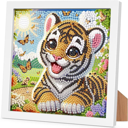 Tiger Diamond Art Painting Kits with Frame- Animal Gem Painting Kit with Frame, Cute Diamond Painting for Wall Decoration 7X7 Inch
