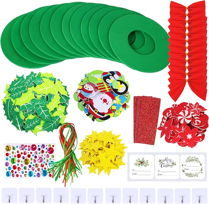 Winlyn 12 Sets Christmas Craft Kits DIY Christmas Wreath Ornaments Decorations Art Sets Snowman Santa Penguin Holly Leaf Christmas Foam Stickers Arts and Crafts for Kids Holiday Classroom Activities
