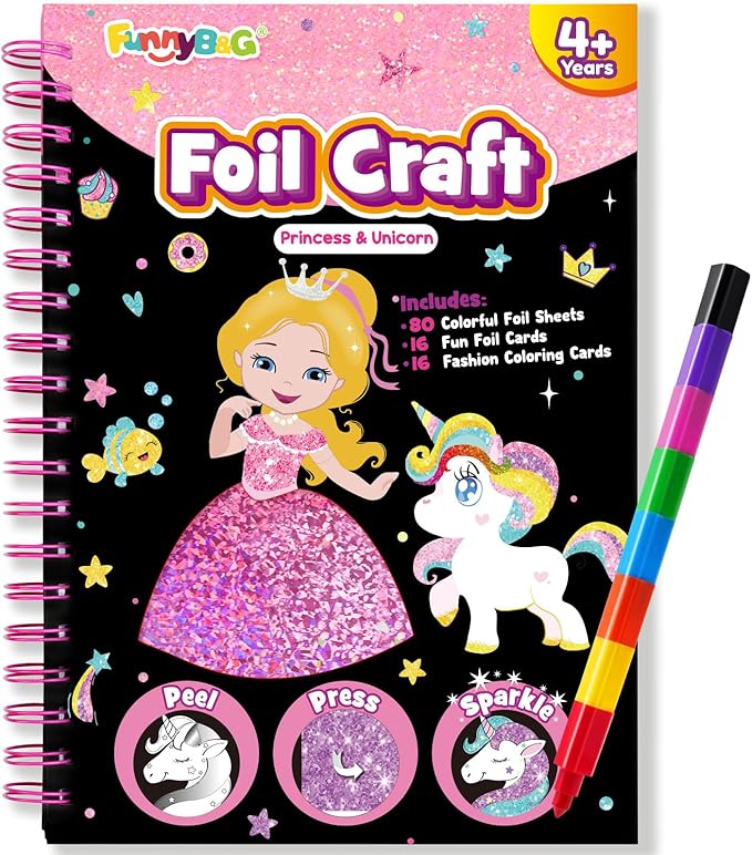 FUNNYB&G Art Craft Activity for Kids: Foil Art Princess DIY Toy Kit, No Mess Creative Travel Supply Set, Idea Birthday Christmas Valentine Gift for Girl Boy Children 4 5 6 7 8 9 Year Old