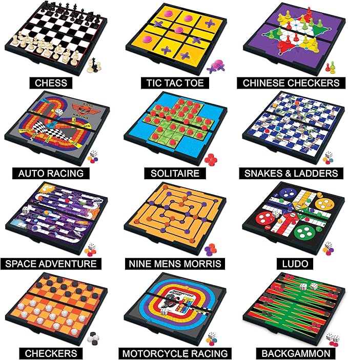 Magnetic Board Game Set by GAMIE - Includes 12 Retro Fun Games - 5" Compact Design - Individually Boxed - Teaches Strategy & Focus - Great for Road Trip/Travel/Camping - Best Gift for Kids Ages 6+