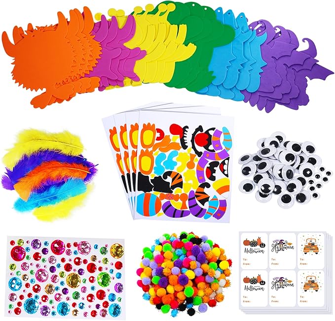 Winlyn 24 Sets Halloween Craft Kits Fall Kids Crafts DIY Monster Ornaments Decorations Art Sets Foam Halloween Monster Stickers Googly Eyes for Kids Autumn Halloween Classroom Party Activities