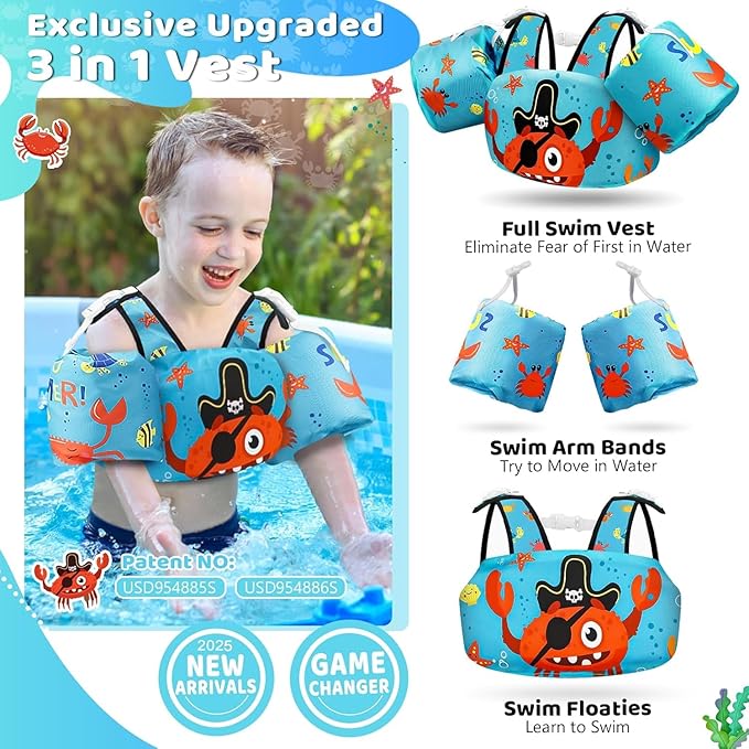 Vvinca Separable Toddler Swim Vest Fit 22-66 Lbs（1-6 Years）|2025 Newest 3 in 1 Pool Float & Arm Bands Boys and Girls, Adjustable Sturdy Safety for Infant 1 2 3 4 5 6 Year