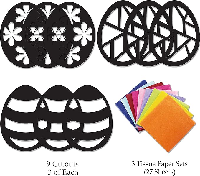 VHALE Suncatchers Craft 3 Sets (9 Cutouts) w Tissue Papers Stained Glass Effect Paper Sun Catcher Kit, Window Art, Classroom Crafts, Creative Art Projects, Kids Party Favors (Easter Egg)