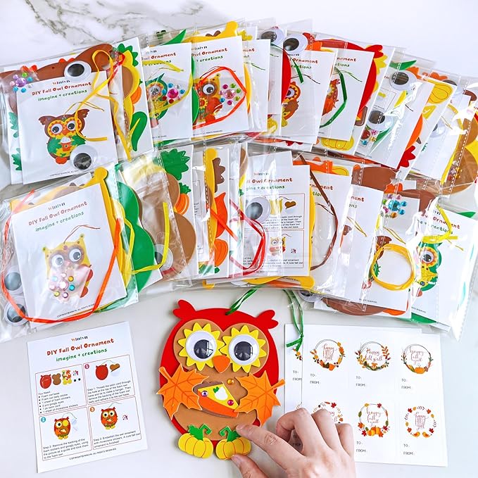Winlyn Fall Craft Kits DIY Fall Owl Ornaments Decorations 24 Individually Packaged Art Sets Kids Crafts Foam Owl Pumpkin Fall Leaf Stickers for Kids Autumn Thanksgiving Halloween Classroom Activities