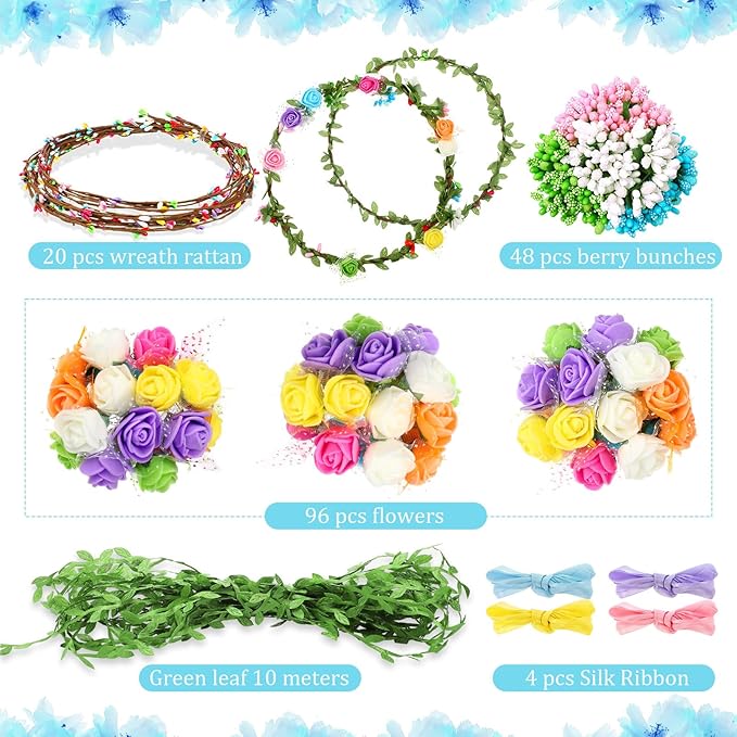 Syhood Rose Style Crowns Making Kit, 168 Pcs Parts, Make Your Own Flower Crown Wreath Headbands and Bracelets Craft Kit Hair Accessories Handmade DIY Floral Crown Garland Kit Presents for Party