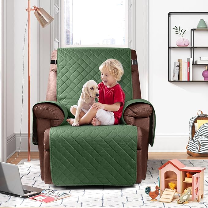 KinCam 100% Waterproof Recliner Chair Cover, Reclining Couch Covers for Pets, Dogs, Recliner Couch Slipcover Furniture Protector with Elastic Straps for Kids(23.6", Vine Green)