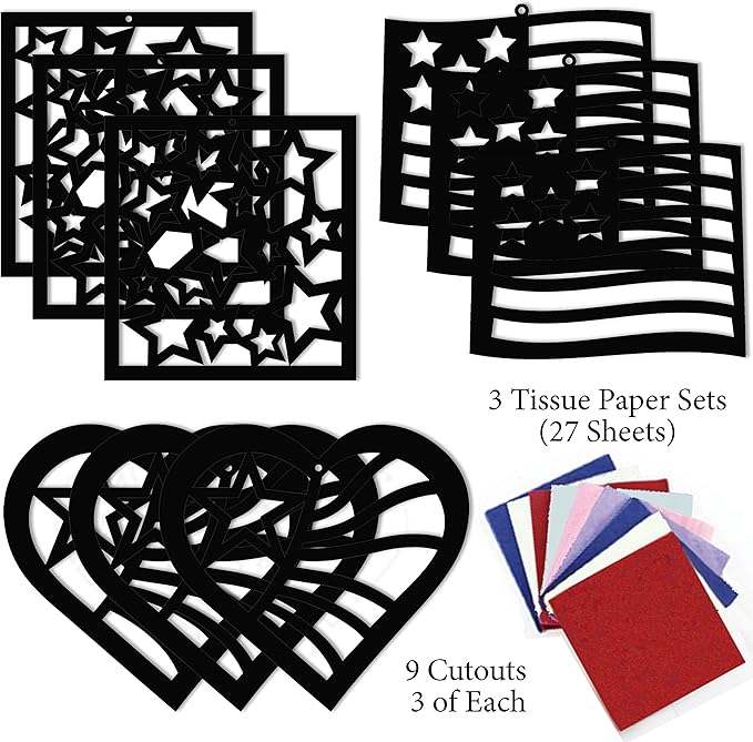 VHALE Suncatchers Craft 3 Sets (9 Cutouts) w Tissue Papers Stained Glass Effect Paper Sun Catcher Kit, Window Art, Classroom Crafts, Creative Art Projects, Kids Party Favors (Patriotic)