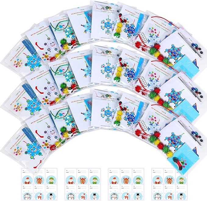 Winlyn 24 Sets Christmas Craft Kits Winter Crafts DIY Snowflake Ornaments Decorations Art Sets Foam Snowflakes Smile Stickers Jingel Bells for Kids Holiday Home Classroom Activities Party Favors