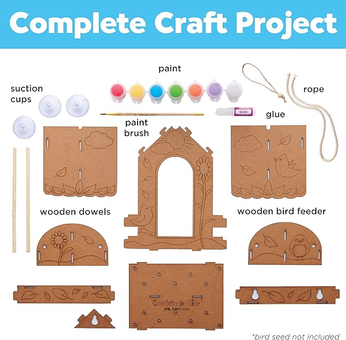 Creativity for Kids Build and Paint Bird Feeder Wood Craft Kit - DIY Bird House Kit for Children, Outdoor Activities for Kids Age 6+,Yellow,orange,blue,white,green,violet