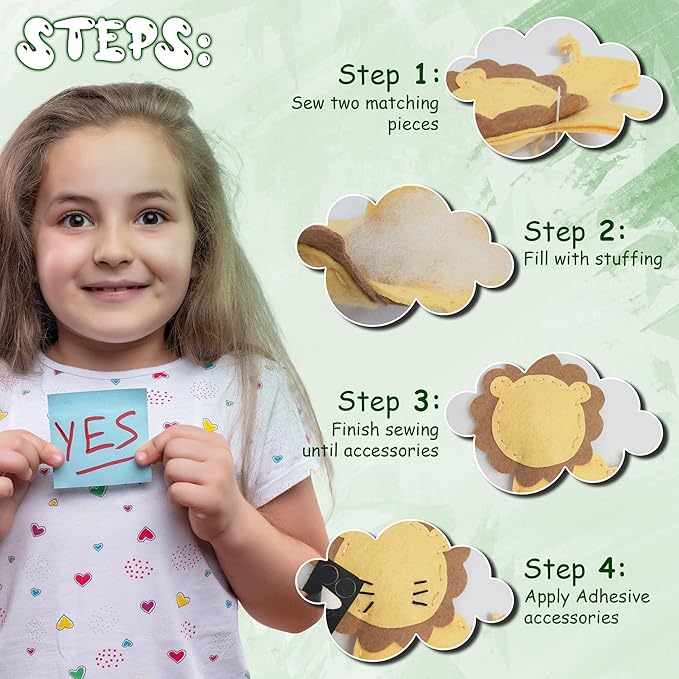 MOMOTOYS Kids Sewing Kit for Kids, Fun & Educational Wild Animals Sew Craft Set for Boys and Girls Ages 8-12, Complete Beginner Sewing Kit with Felt Plushie for Creative DIY Projects