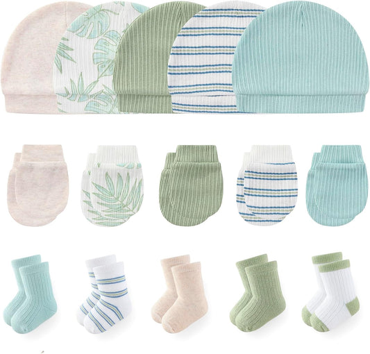 Newborn Baby Boy Girl Caps Mittens Socks Set Cotton Baby Essentials Accessories (Hats+Gloves+Socks)