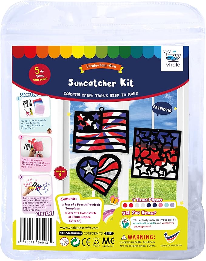VHALE Suncatchers Craft 3 Sets (9 Cutouts) w Tissue Papers Stained Glass Effect Paper Sun Catcher Kit, Window Art, Classroom Crafts, Creative Art Projects, Kids Party Favors (Patriotic)