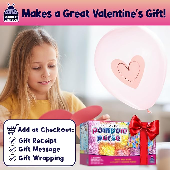 PURPLE LADYBUG Make Your Own Pom Pom Purse Kit – Arts and Crafts for Kids Ages 6-8, Girl Gift Ideas for Ages 6-10, Birthday or Easter Gifts for Girls