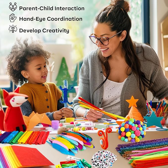 FUNZBO Arts and Crafts Supplies for Kids - Kids Crafts with Pipe Cleaners, Popsicle Sticks, Pompoms & Stickers, All in One Homeschool Supplies, Toys Crafts for Girls & Boys Age 4+ (Jumbo)