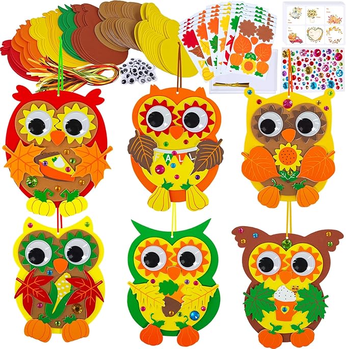 Winlyn 24 Sets Fall Craft Kits Autumn Crafts DIY Fall Owl Ornaments Decorations Art Sets Maple Leaves Pumpkin Foam Stickers Arts and Crafts for Kids Classroom Activities Holiday Harvest Party Favors