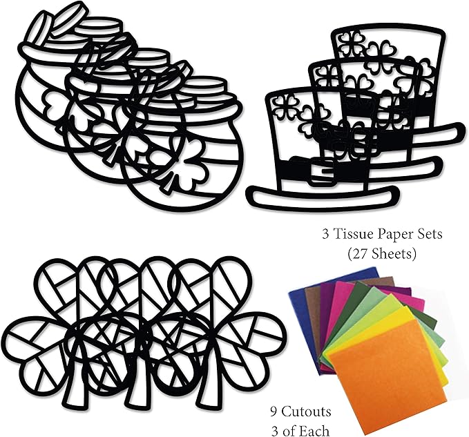 VHALE Suncatchers Craft 3 Sets (9 Cutouts) w Tissue Papers Stained Glass Effect Paper Sun Catcher Kit, Window Art, Classroom Crafts, Creative Art Projects, Kids Party Favors (St. Patrick's Day)