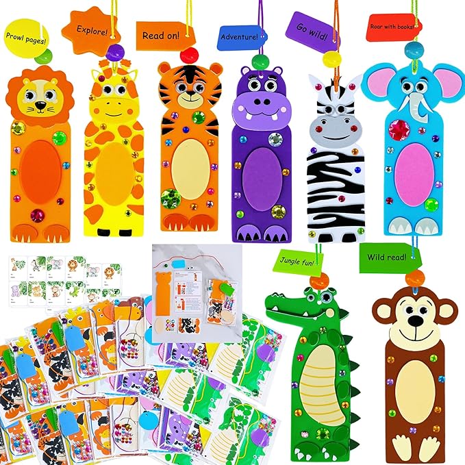 Winlyn 32 Sets Jungle Animal Crafts Kits DIY Jungle Safari Zoo Wild Animal Bookmarks Decorations Art Set Tiger Lion Zebra Foam Stickers for Kids Party Favors Classroom Activities Reading Rewards