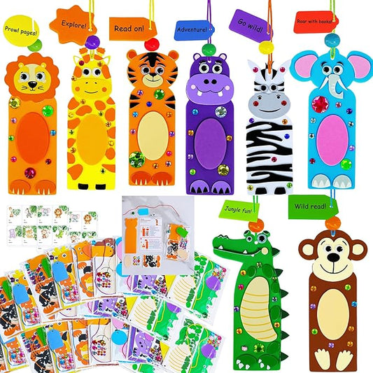 Winlyn 32 Sets Jungle Animal Crafts Kits DIY Jungle Safari Zoo Wild Animal Bookmarks Decorations Art Set Tiger Lion Zebra Foam Stickers for Kids Party Favors Classroom Activities Reading Rewards