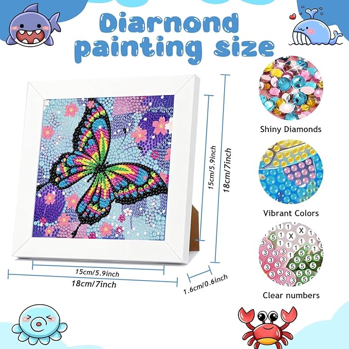 Reivworl 4 Packs Diamond Art Kits for Kids, Butterfly Diamond Art for Kids Ages 8-12, Butterfly Diamond Painting Kits for Kids for Home Wall Decor 6x6 Inch