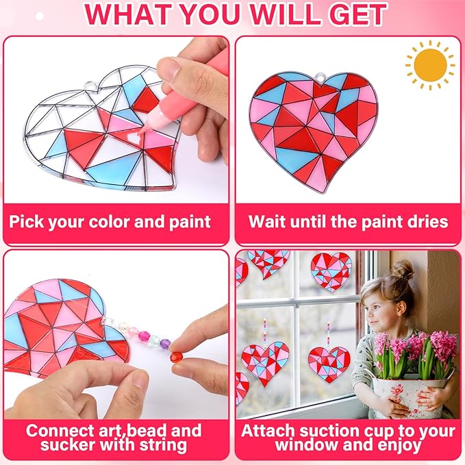 Qyeahkj 32 Sets Valentine's Day Suncatcher Crafts Kit for Kids DIY Heart Window Paint Suncatcher Arts Crafts Valentines Window Ornament Decor for Valentine's Day Gift Classroom Art Project Gift Favor