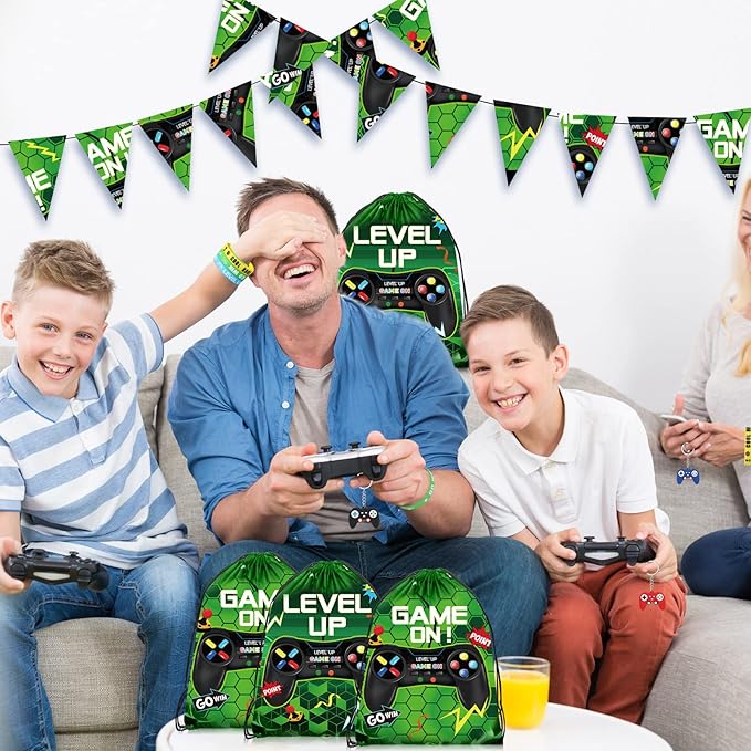 Nosiny 72PCS Video Game Party Favors Birthday Include 24 Video Game Goodie Drawstring Bags 24 Silicone Bracelet 24 Controller Keychain for Kids for Party Supplies (Green, Vivid)