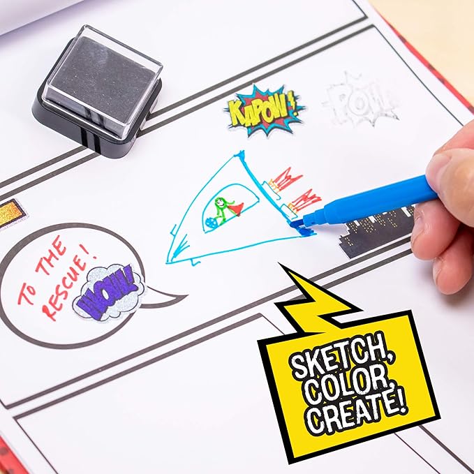 Made By Me Make Your Own Comic Book Storytelling Kit for Kids, 15-Page, Hardcover, How-to Draw Instructional Guide, Comic Inspired Stickers & Stamp, Holographic Stickers, 5 Vibrant Markers