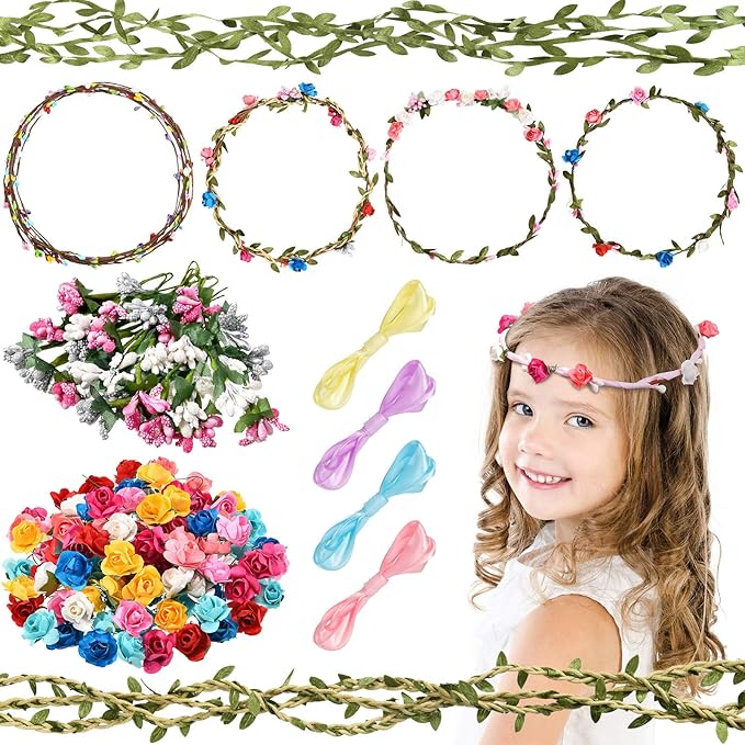 WILLBOND 146 Pcs Flower Crowns Making Kit Flower Crowns Garland Make Your Own Flower Crown Wreath Headbands and Bracelets Craft Kit Handmade Arts and Crafts DIY Floral Crown Garland for Girls Kids