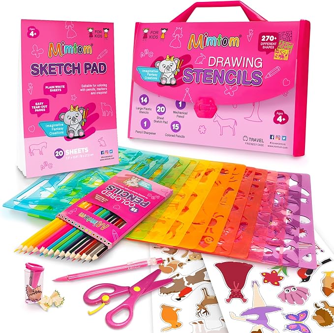 Mimtom Drawing Stencil Kit for Kids, 51 PC Art Set with 270+ Shapes, Sketch Pad, and Colored Pencils for Child's DIY Arts and Crafts, Draw with Princess, Fairies and Animal Stencils, Pink