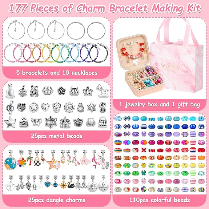 Thrilez 177Pcs Jewelry Making Kit, Charm Bracelet Making Kit, DIY Arts and Crafts Gifts with Jewelry Organizer Box for Birthday, Christmas, Necklace Making Set