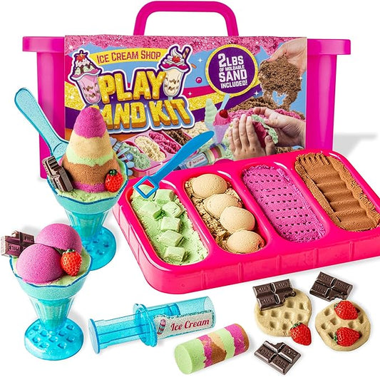 GirlZone Ice Cream Shop Play Sand for Kids, 22pcs Moldable Sand Kit - Serving Tools, Glasses, Spoon, Decorations, Stickers & 2lbs Colorful Sand, Fun Kids Sensory Toys, Ideal Easter Gifts for Kids