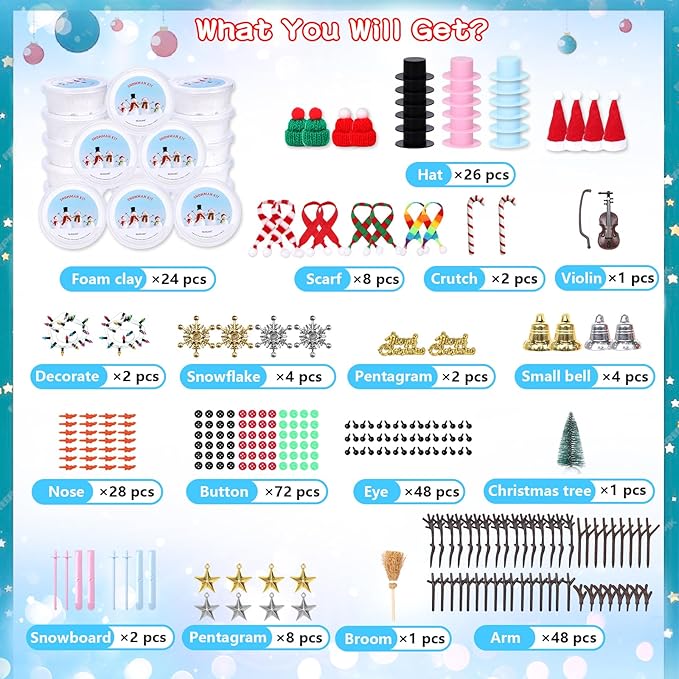Christmas Build a Snowman Craft Kit for Kids, 24 Pack Modeling Clay DIY Snowman Kit, Craft Kit for Christmas Arts and Craft Activities, Christmas Stocking Stuffers for Kids, Christmas Crafts Xmas Gift