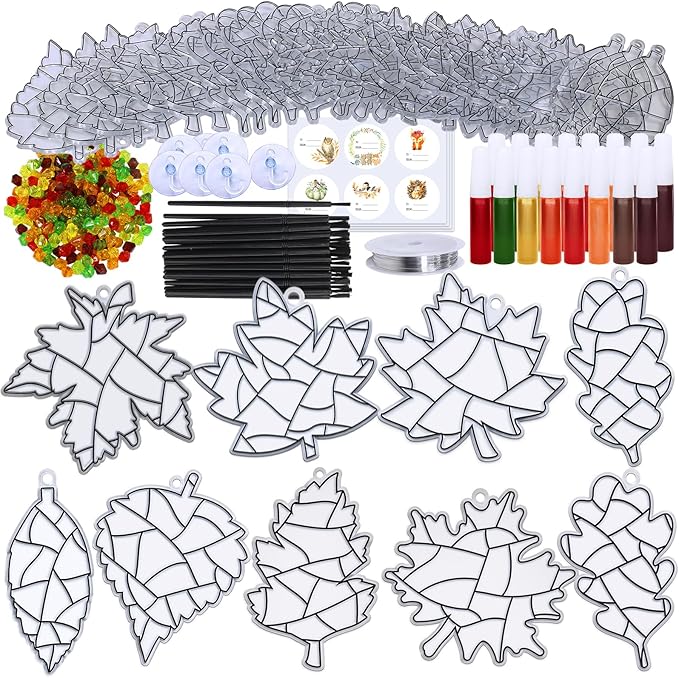 Winlyn 27 Sets Fall Leaf Suncatchers Ornaments Decorations DIY Window Paint Art Suncatchers Craft Kits Autumn Maple Leaf Sun Catchers for Kids Classroom Thanksgiving Harvest Party Activity Art Project
