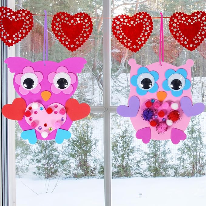Winlyn 24 Sets Valentine Decorations DIY Heart Owl Ornaments Valentine Craft Kit Valentine Owl Art Sets Hearts Foam Valentine Stickers for Kids Valentine's Day Party Classroom Activities Gift Exchange