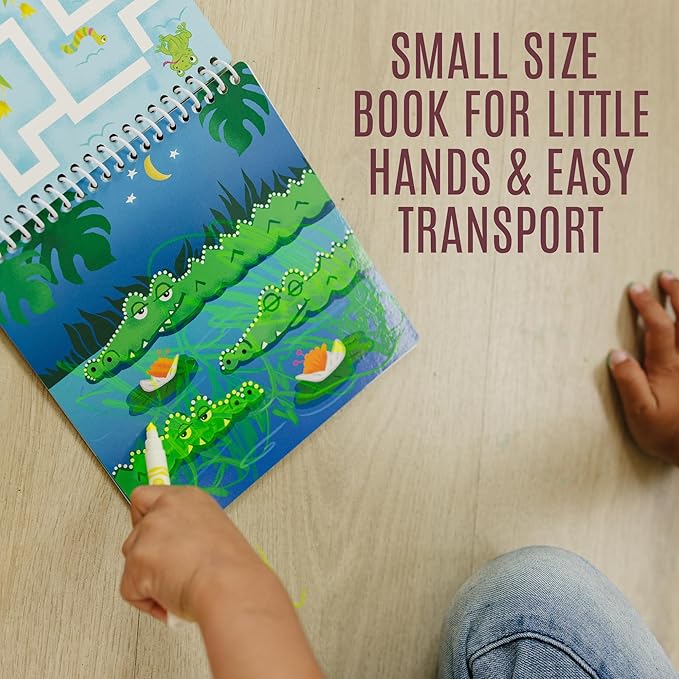 Kids Small Size Travel Educational Activity Book with Washable Markers (7"x7") - Car and Airplane Activities, Learning Toys for Toddlers - Search and Find, Reusable Stickers for Ages 4, 5, 6 (Jungle)