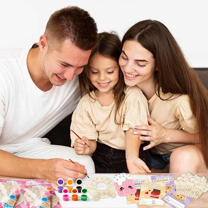 CJiangpo 24 Pack Valentine’s Day Dessert Wood Painting Craft Kits, Valentines Cards with Watercolor Paint Bulk for Boys Girls, Color Your Own Wooden Craft Kids Classroom Exchange Gift Party Favors