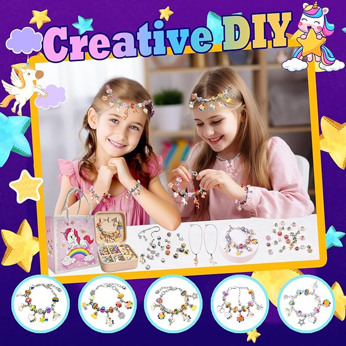 Charm Bracelet Making Kit for Girls 8-12, DIY Bead Jewelry Making Kit with Box, Arts and Crafts for Kids 6-8 Gifts for Girl Toys Age 6 7 8 9 10 11 12 Festival Birthday
