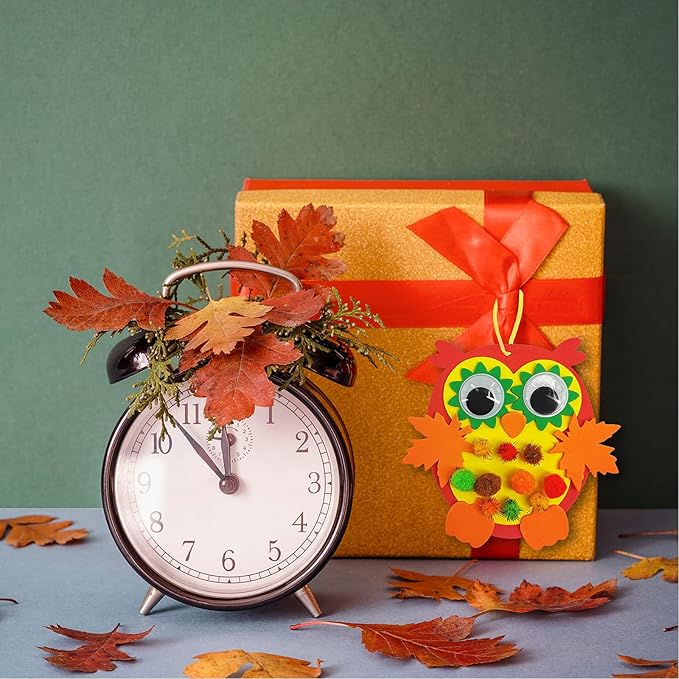 Winlyn 24 Sets Foam Owl Decorations DIY Owl Fall Craft Kit Assorted Foam Owl Shapes with Autumn Leaves Pumpkins Googly Eyes Pom-Poms for Kids Gift Halloween Thanksgiving Holiday Classroom Art Activity
