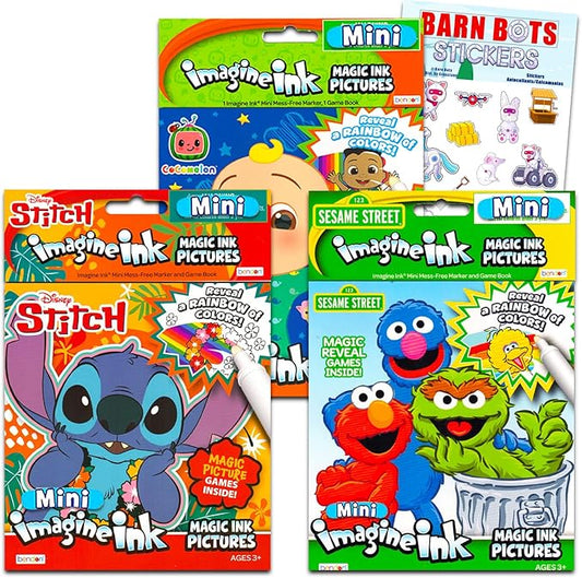 Mess Free Coloring Book Set for Kids Toddlers - Bundle with 3 Imagine Ink Coloring Books with No Mess Invisible Ink Pens Featuring Cocomelon, Sesame Street, Lilo and Stitch