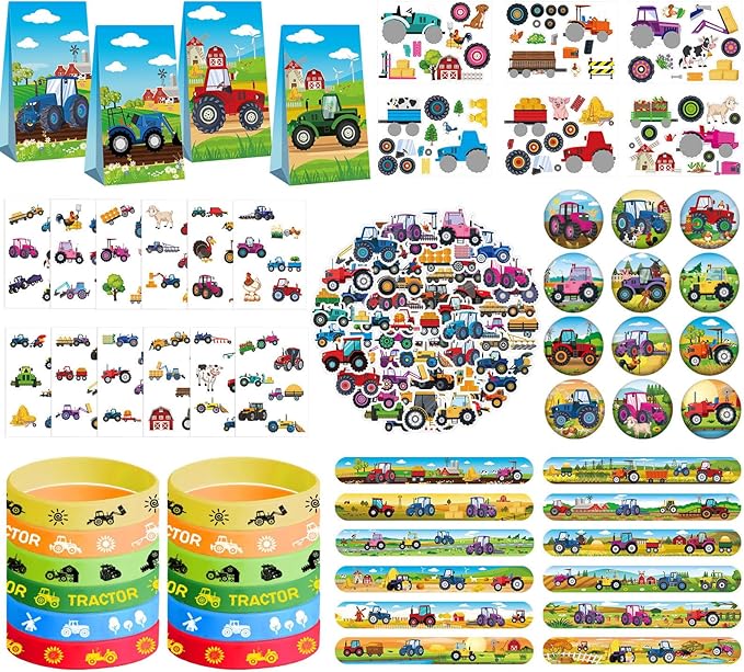 Tractor Party Favors - Farm Tractor Theme Birthday Party Supplies Decorations, Gift Bags, Slap Bracelets, Rubber Bracelets, Tattoo Stickers, Button Pin, DIY Stickers for Boys Girls Kids Party Favor