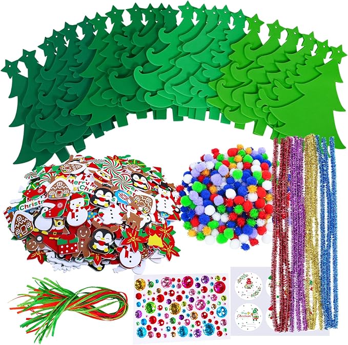 Winlyn 24 Sets Christmas Tree Ornaments Decorations Art Sets DIY Christmas Craft Kits Pine Tree Snowman Snowflake Penguin Foam Stickers Arts and Crafts for Kids Party Favors Home Classroom Activities