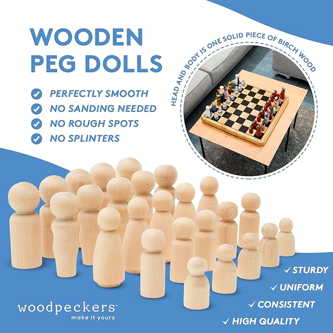 Woodpeckers Wood Peg Doll Set, 40 Piece Wood Peg Family (Toy Peg People: Dad, Mom, Angel, Child, Baby) Unfinished for Crafts & Play