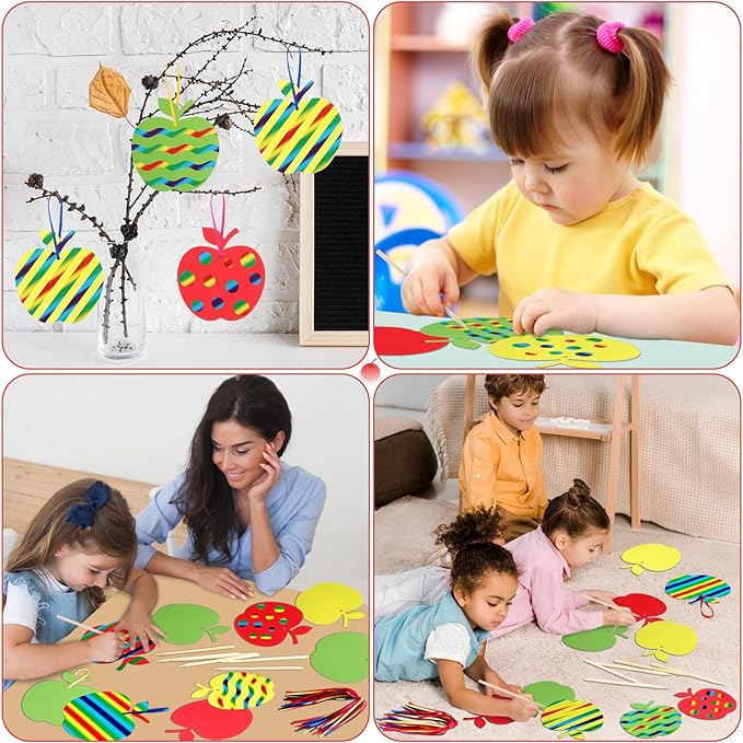 Liliful 60 Set Fall Crafts for Kids Thanksgiving Scratch Crafts Apple Arts and Crafts with Ribbon Wooden Stylus Hanging Craft Kit for Fall Autumn Home Activities School Game Classroom Decoration